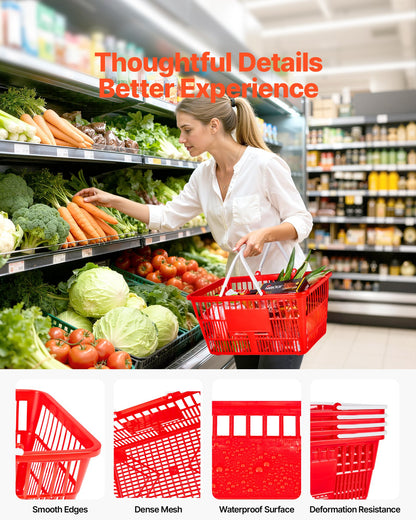 Shopping Baskets, 4 PCS, 21L Stackable PE Plastic Grocery Baskets with Handles, Dense Mesh Structure, Holds up to 20 lbs, Portable for Grocery, Retail, Stores, Supermarket, Home Use, Red