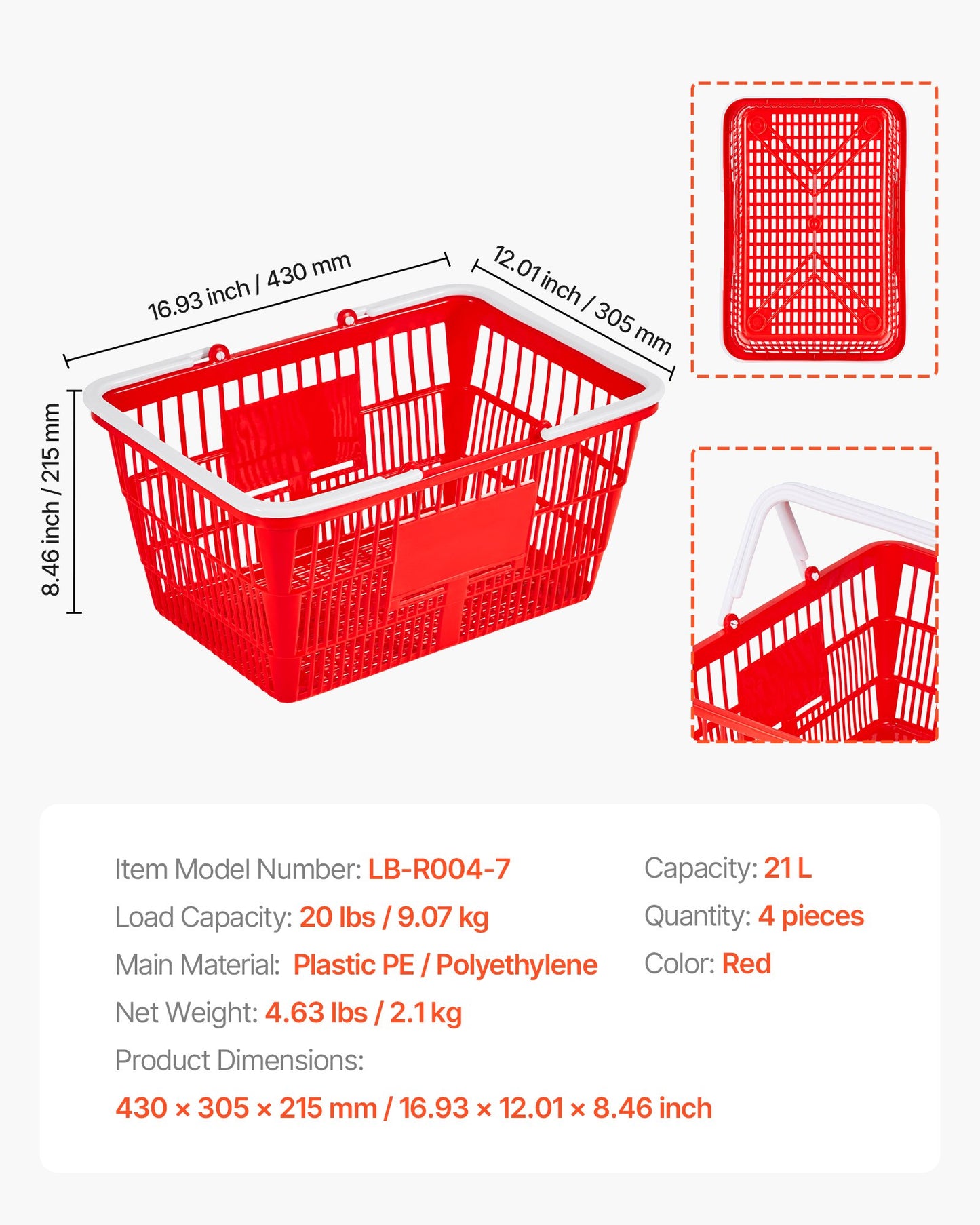 Shopping Baskets, 4 PCS, 21L Stackable PE Plastic Grocery Baskets with Handles, Dense Mesh Structure, Holds up to 20 lbs, Portable for Grocery, Retail, Stores, Supermarket, Home Use, Red