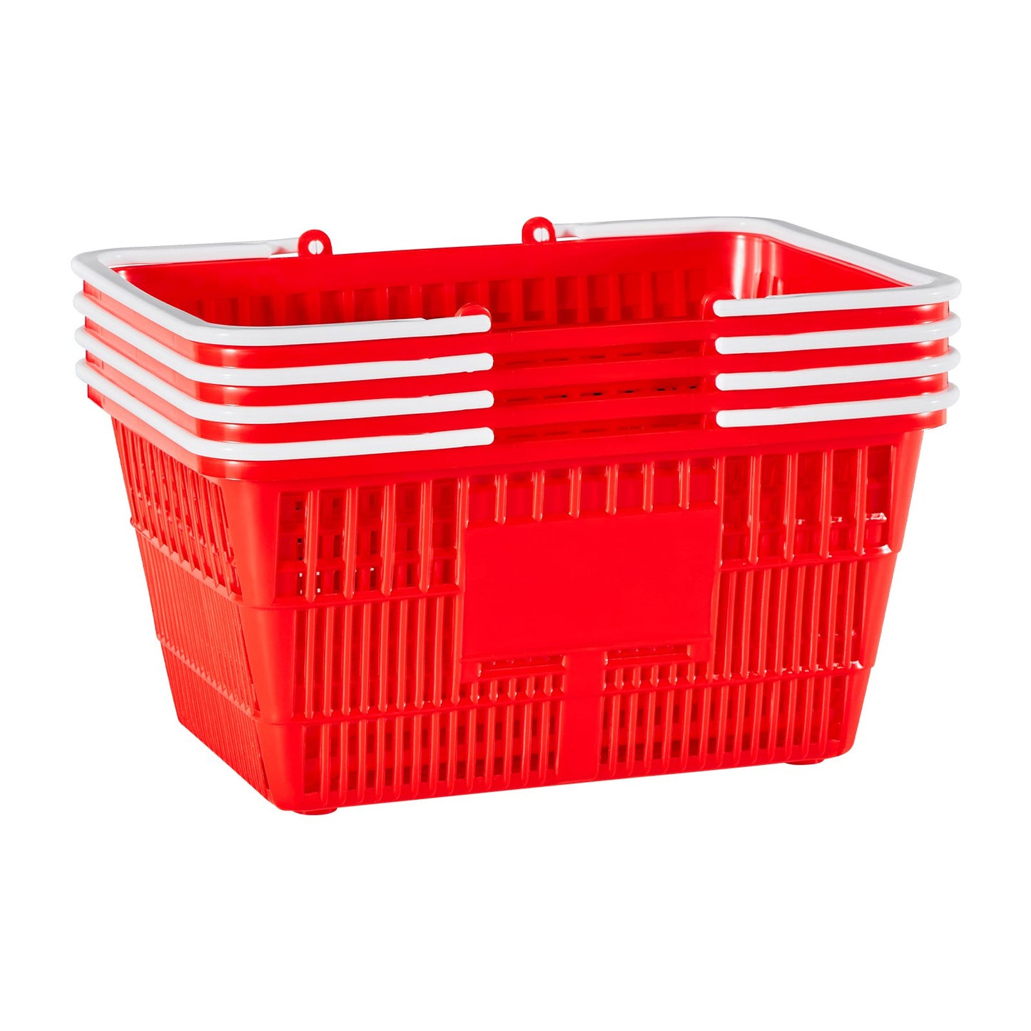 Shopping Baskets, 4 PCS, 21L Stackable PE Plastic Grocery Baskets with Handles, Dense Mesh Structure, Holds up to 20 lbs, Portable for Grocery, Retail, Stores, Supermarket, Home Use, Red