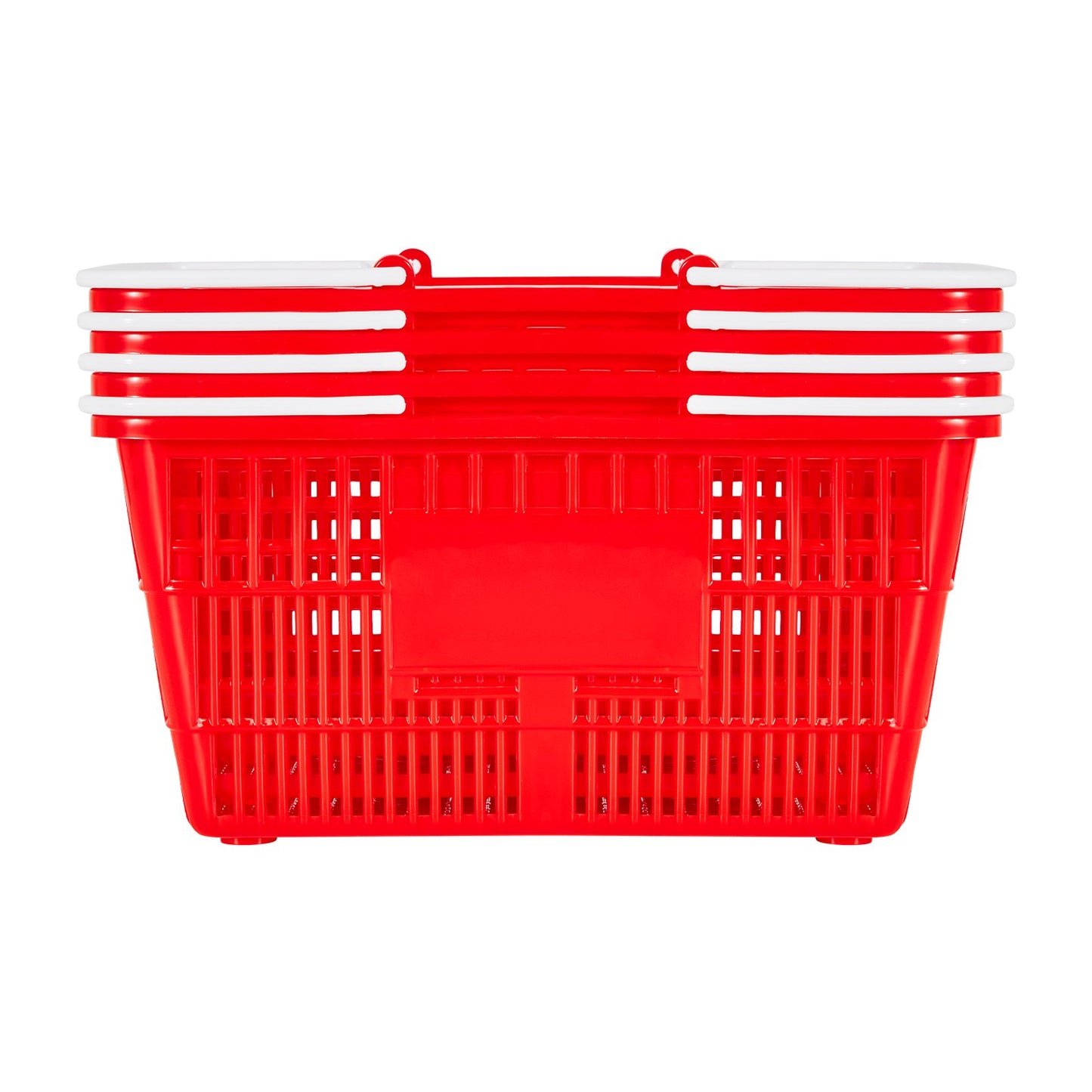 Shopping Baskets, 4 PCS, 21L Stackable PE Plastic Grocery Baskets with Handles, Dense Mesh Structure, Holds up to 20 lbs, Portable for Grocery, Retail, Stores, Supermarket, Home Use, Red