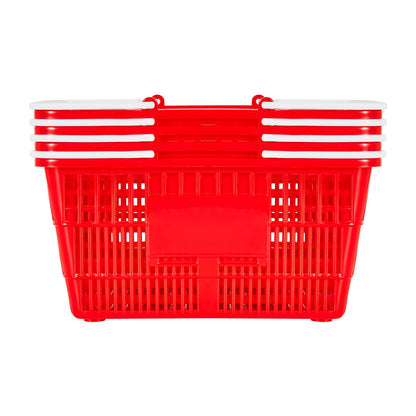 Shopping Baskets, 4 PCS, 21L Stackable PE Plastic Grocery Baskets with Handles, Dense Mesh Structure, Holds up to 20 lbs, Portable for Grocery, Retail, Stores, Supermarket, Home Use, Red