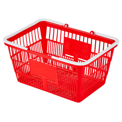 Shopping Baskets, 4 PCS, 21L Stackable PE Plastic Grocery Baskets with Handles, Dense Mesh Structure, Holds up to 20 lbs, Portable for Grocery, Retail, Stores, Supermarket, Home Use, Red