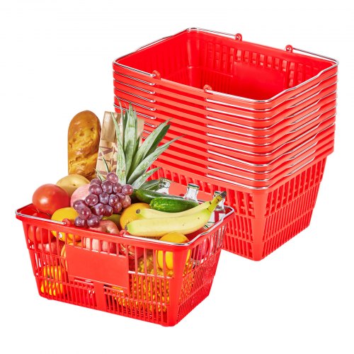 Shopping Baskets, 12 PCS, 21L Stackable PE Plastic Grocery Baskets with Metal Handles, Dense Mesh Structure, Holds up to 20 lbs, Portable for Grocery, Retail, Stores, Supermarket, Home Use, Red