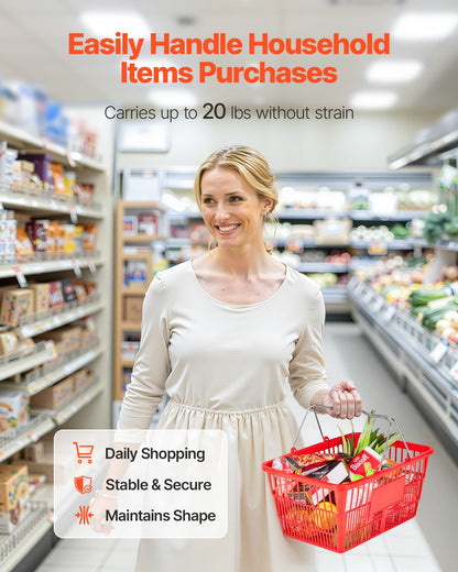 Shopping Baskets, 12 PCS, 21L Stackable PE Plastic Grocery Baskets with Metal Handles, Dense Mesh Structure, Holds up to 20 lbs, Portable for Grocery, Retail, Stores, Supermarket, Home Use, Red