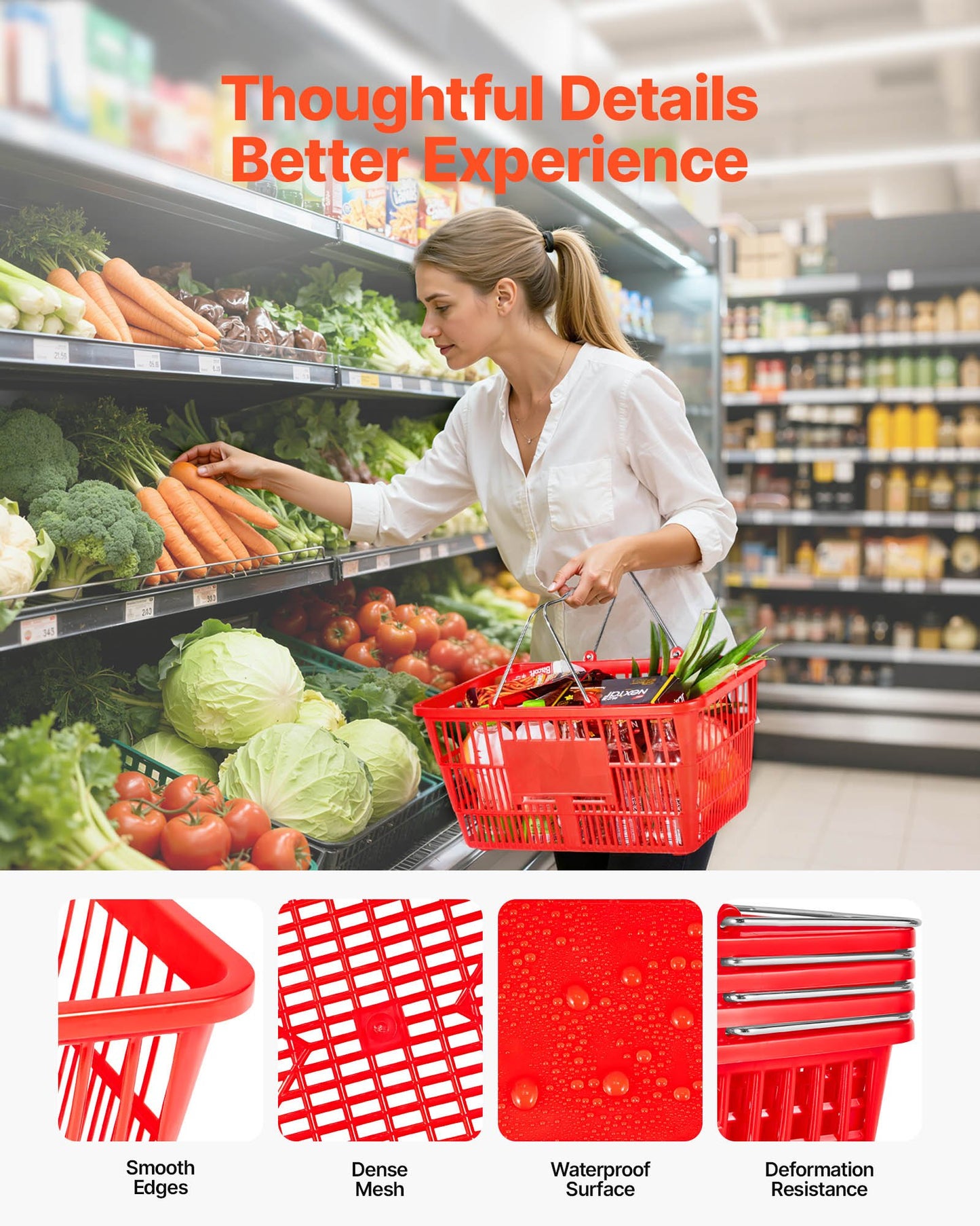 Shopping Baskets, 12 PCS, 21L Stackable PE Plastic Grocery Baskets with Metal Handles, Dense Mesh Structure, Holds up to 20 lbs, Portable for Grocery, Retail, Stores, Supermarket, Home Use, Red