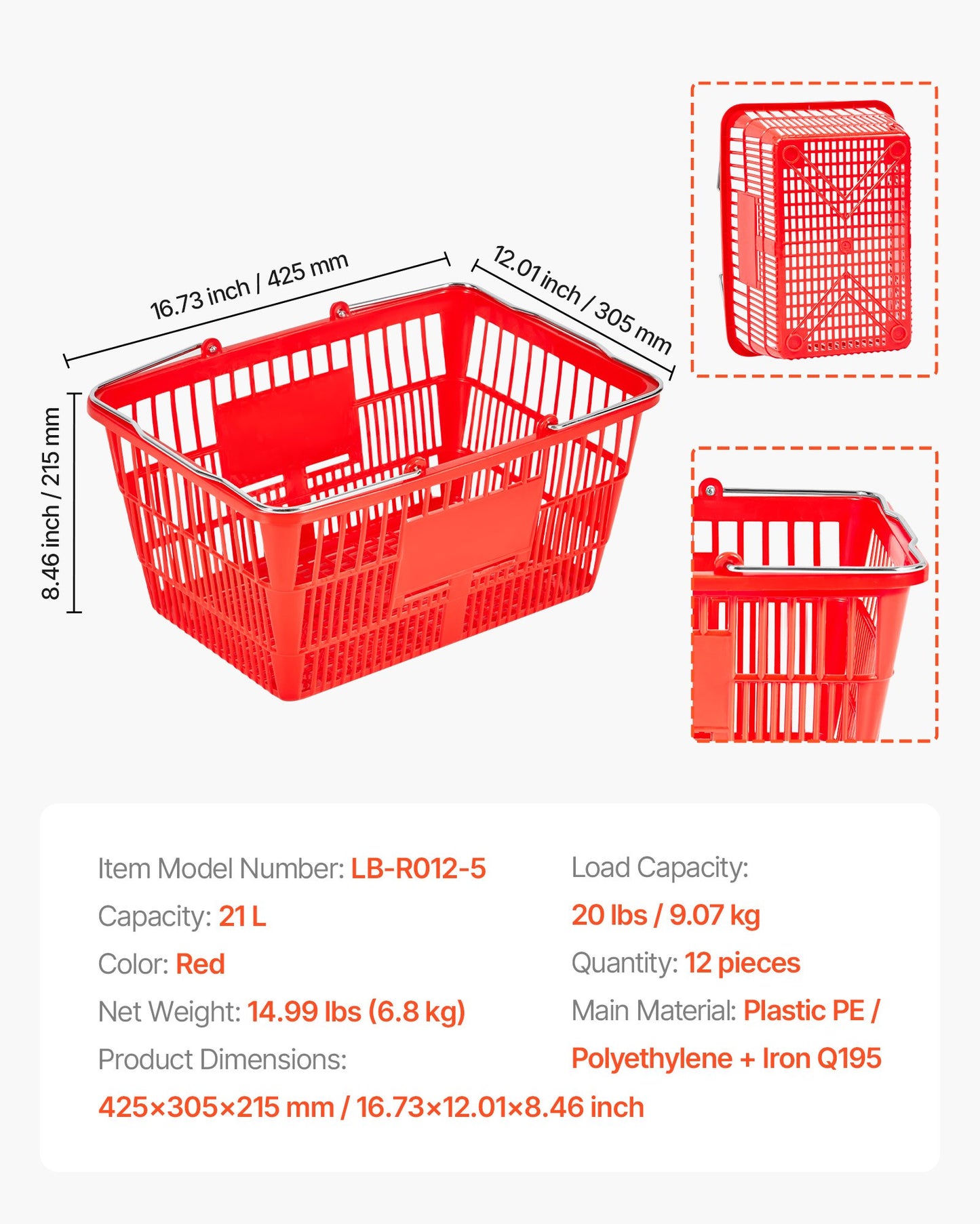 Shopping Baskets, 12 PCS, 21L Stackable PE Plastic Grocery Baskets with Metal Handles, Dense Mesh Structure, Holds up to 20 lbs, Portable for Grocery, Retail, Stores, Supermarket, Home Use, Red