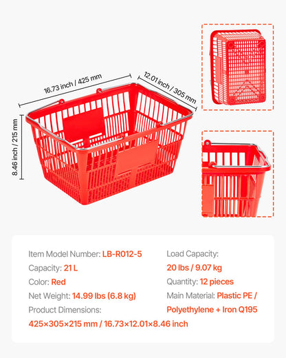 Shopping Baskets, 12 PCS, 21L Stackable PE Plastic Grocery Baskets with Metal Handles, Dense Mesh Structure, Holds up to 20 lbs, Portable for Grocery, Retail, Stores, Supermarket, Home Use, Red