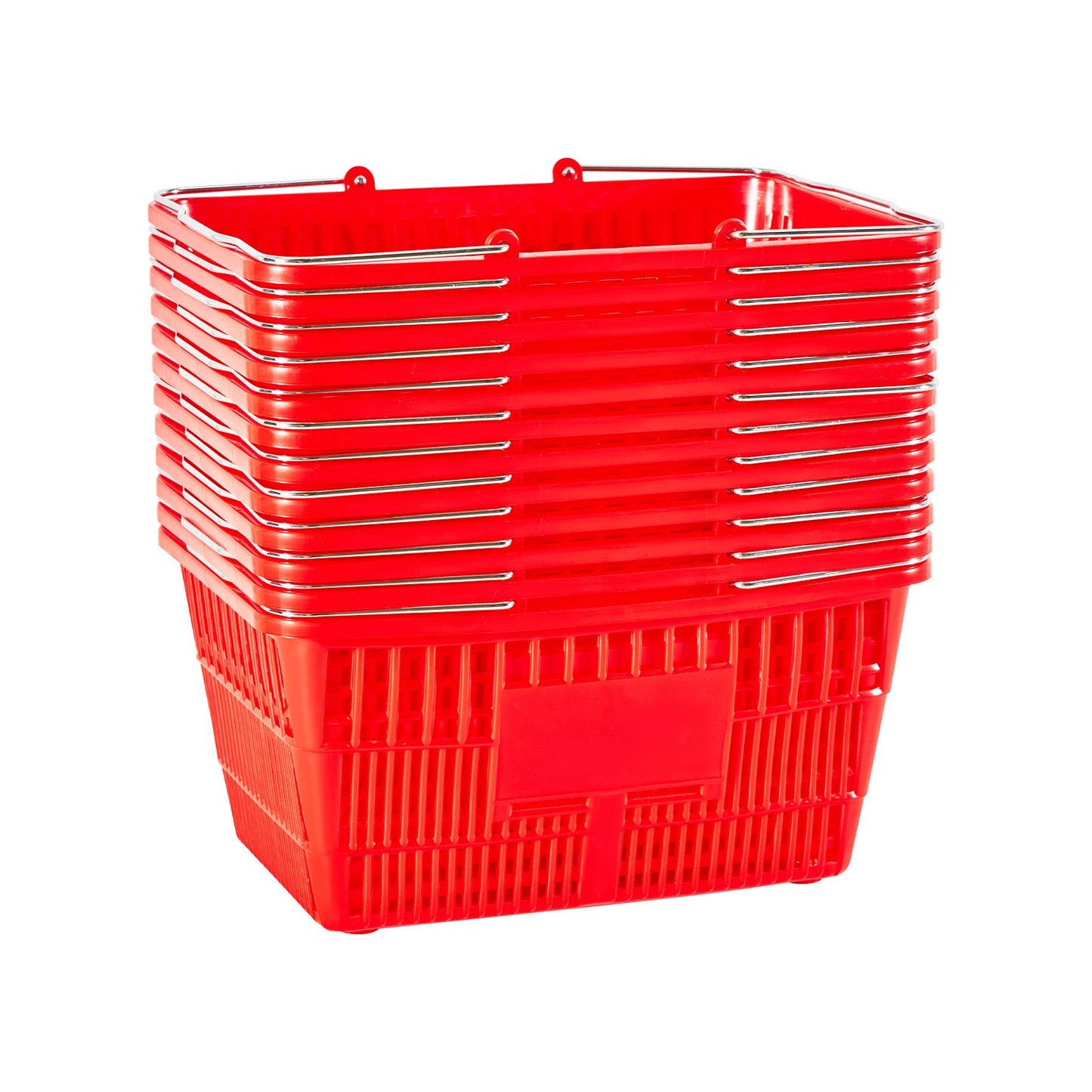 Shopping Baskets, 12 PCS, 21L Stackable PE Plastic Grocery Baskets with Metal Handles, Dense Mesh Structure, Holds up to 20 lbs, Portable for Grocery, Retail, Stores, Supermarket, Home Use, Red