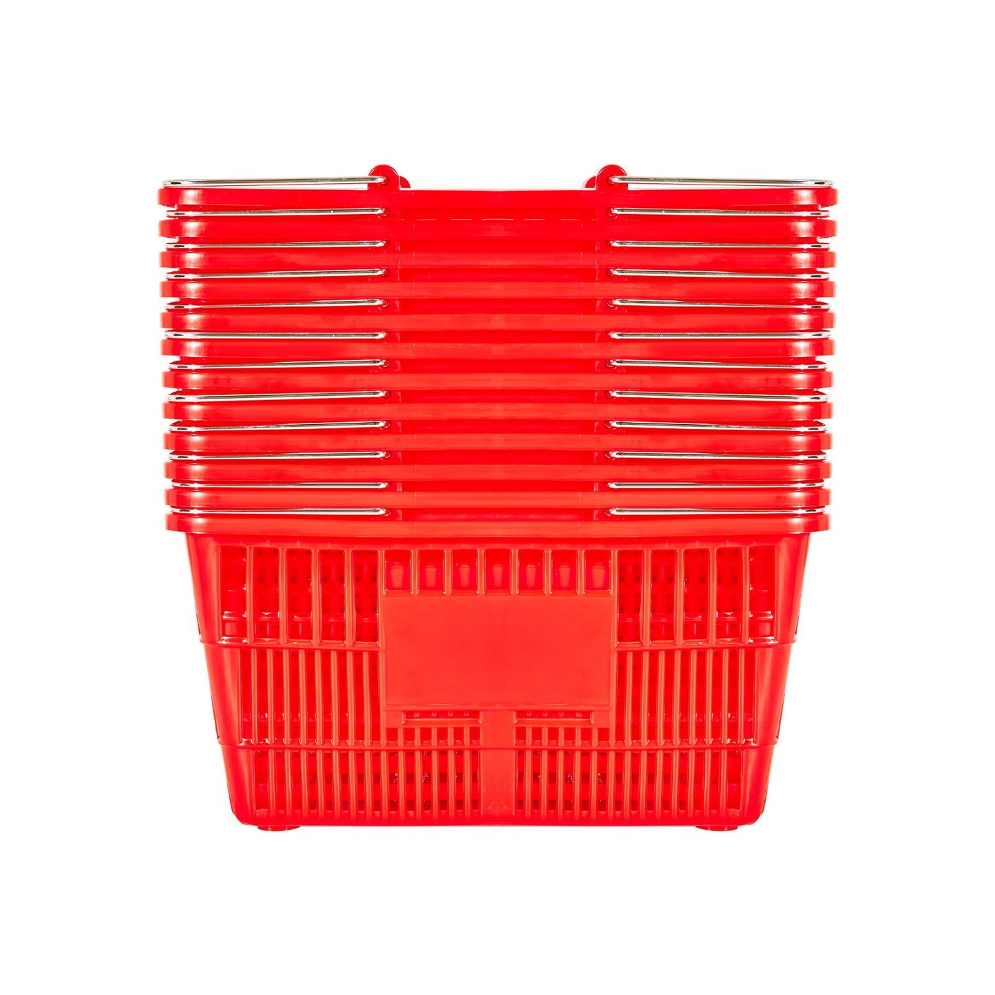 Shopping Baskets, 12 PCS, 21L Stackable PE Plastic Grocery Baskets with Metal Handles, Dense Mesh Structure, Holds up to 20 lbs, Portable for Grocery, Retail, Stores, Supermarket, Home Use, Red