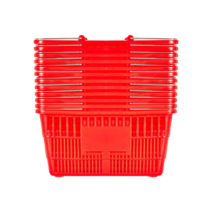 Shopping Baskets, 12 PCS, 21L Stackable PE Plastic Grocery Baskets with Metal Handles, Dense Mesh Structure, Holds up to 20 lbs, Portable for Grocery, Retail, Stores, Supermarket, Home Use, Red
