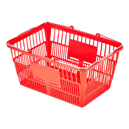 Shopping Baskets, 12 PCS, 21L Stackable PE Plastic Grocery Baskets with Metal Handles, Dense Mesh Structure, Holds up to 20 lbs, Portable for Grocery, Retail, Stores, Supermarket, Home Use, Red