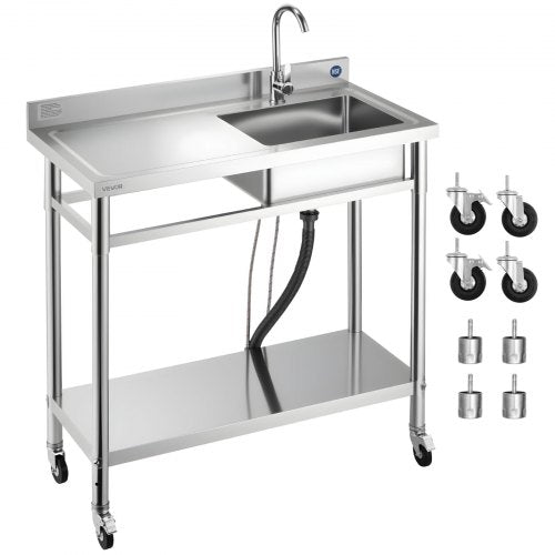 Stainless Steel Utility Sink, Rolling Single Bowl Commercial Kitchen Sink with Wheels, Faucet and Hot & Cold Water Pipe, Utility Basin Workbench for Garage Restaurant Laundry 39.4 x 19.7 x 41.5 in