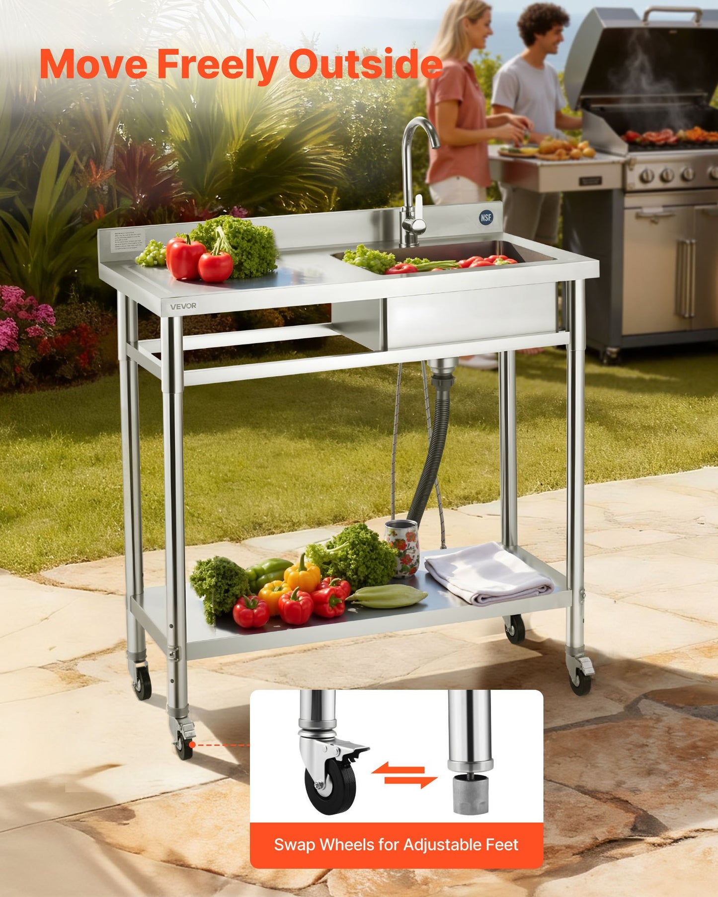 Stainless Steel Utility Sink, Rolling Single Bowl Commercial Kitchen Sink with Wheels, Faucet and Hot & Cold Water Pipe, Utility Basin Workbench for Garage Restaurant Laundry 39.4 x 19.7 x 41.5 in