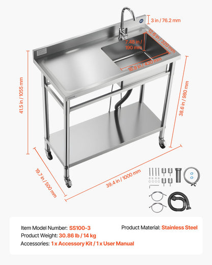 Stainless Steel Utility Sink, Rolling Single Bowl Commercial Kitchen Sink with Wheels, Faucet and Hot & Cold Water Pipe, Utility Basin Workbench for Garage Restaurant Laundry 39.4 x 19.7 x 41.5 in