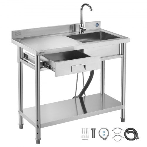Stainless Steel Utility Sink, Free Standing Single Bowl Commercial Kitchen Sink with Drawer, Faucet and Hot & Cold Water Pipe, Utility Basin for Garage Restaurant Laundry, 39.4 x 19.7 x 37 in