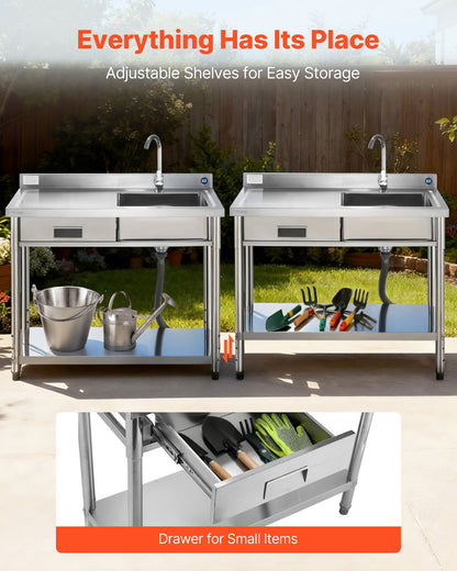 Stainless Steel Utility Sink, Free Standing Single Bowl Commercial Kitchen Sink with Drawer, Faucet and Hot & Cold Water Pipe, Utility Basin for Garage Restaurant Laundry, 39.4 x 19.7 x 37 in