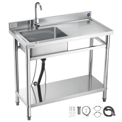 Stainless Steel Utility Sink, Free Standing Single Bowl Commercial Kitchen Sink with Faucet, 39.4 x 19.7 x 37 in, Utility Right Basin with Hot & Cold Water Pipe for Garage, Restaurant, Laundry