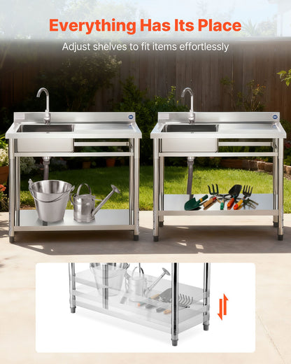 Stainless Steel Utility Sink, Free Standing Single Bowl Commercial Kitchen Sink with Faucet, 39.4 x 19.7 x 37 in, Utility Right Basin with Hot & Cold Water Pipe for Garage, Restaurant, Laundry