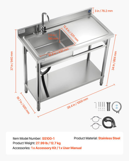 Stainless Steel Utility Sink, Free Standing Single Bowl Commercial Kitchen Sink with Faucet, 39.4 x 19.7 x 37 in, Utility Right Basin with Hot & Cold Water Pipe for Garage, Restaurant, Laundry