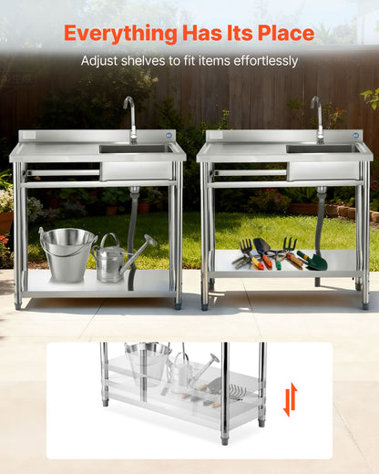 Stainless Steel Utility Sink, Free Standing Single Bowl Commercial Kitchen Sink with Faucet, 39.4 x 19.7 x 37 in, Utility Left Basin with Hot & Cold Water Pipe for Garage, Restaurant, Laundry