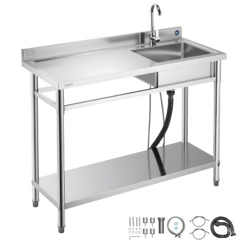 Stainless Steel Utility Sink, Free Standing Single Bowl Commercial Kitchen Sink with Faucet, Utility Left Basin Workbench with Hot & Cold Water Pipe for Garage Restaurant Laundry, 47x19.7x37 in