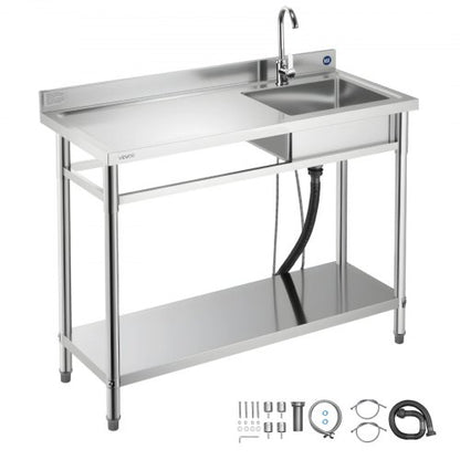 Stainless Steel Utility Sink, Free Standing Single Bowl Commercial Kitchen Sink with Faucet, Utility Left Basin Workbench with Hot & Cold Water Pipe for Garage Restaurant Laundry, 47x19.7x37 in