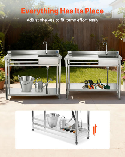 Stainless Steel Utility Sink, Free Standing Single Bowl Commercial Kitchen Sink with Faucet, Utility Left Basin Workbench with Hot & Cold Water Pipe for Garage Restaurant Laundry, 47x19.7x37 in