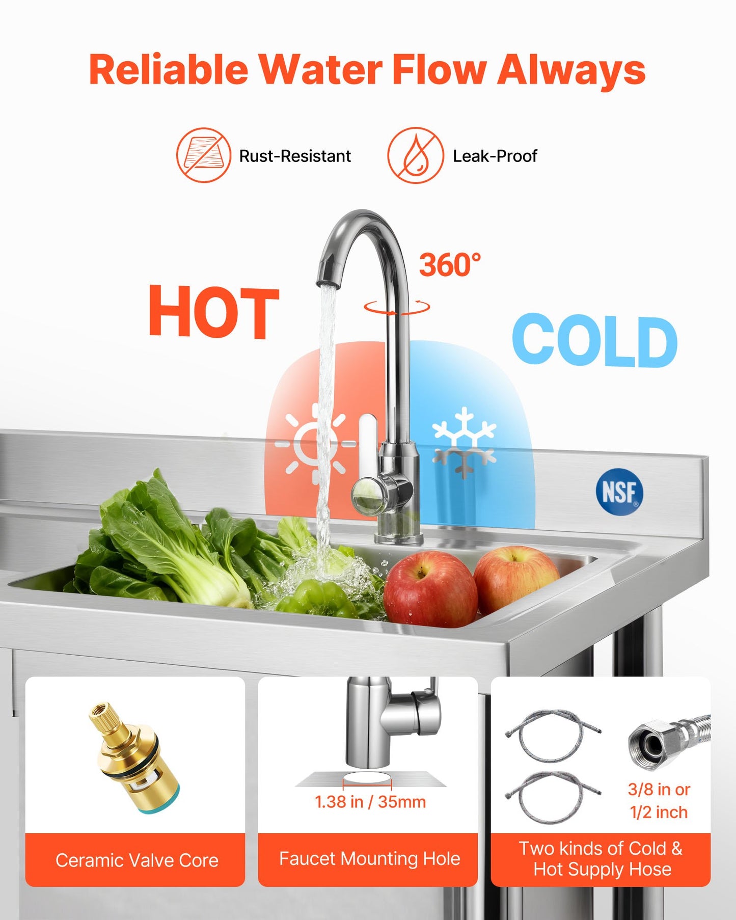 Stainless Steel Utility Sink, Free Standing Single Bowl Commercial Kitchen Sink with Faucet, Utility Left Basin Workbench with Hot & Cold Water Pipe for Garage Restaurant Laundry, 47x19.7x37 in