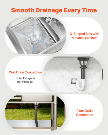 Stainless Steel Utility Sink, Free Standing Single Bowl Commercial Kitchen Sink with Faucet, Utility Left Basin Workbench with Hot & Cold Water Pipe for Garage Restaurant Laundry, 47x19.7x37 in