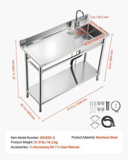 Stainless Steel Utility Sink, Free Standing Single Bowl Commercial Kitchen Sink with Faucet, Utility Left Basin Workbench with Hot & Cold Water Pipe for Garage Restaurant Laundry, 47x19.7x37 in