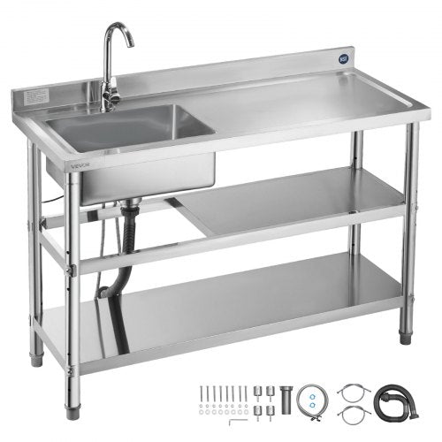 Stainless Steel Utility Sink, Free Standing Single Bowl Commercial Kitchen Sink with Faucet and Hot & Cold Water Pipe, Dual Storage Shelves for Garage, Restaurant, Laundry, 47.2 x 19.7 x 37 in