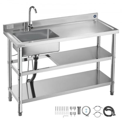 Stainless Steel Utility Sink, Free Standing Single Bowl Commercial Kitchen Sink with Faucet and Hot & Cold Water Pipe, Dual Storage Shelves for Garage, Restaurant, Laundry, 47.2 x 19.7 x 37 in