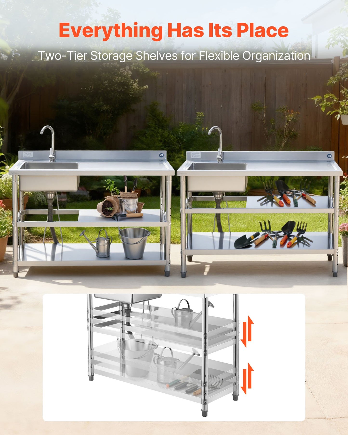 Stainless Steel Utility Sink, Free Standing Single Bowl Commercial Kitchen Sink with Faucet and Hot & Cold Water Pipe, Dual Storage Shelves for Garage, Restaurant, Laundry, 47.2 x 19.7 x 37 in