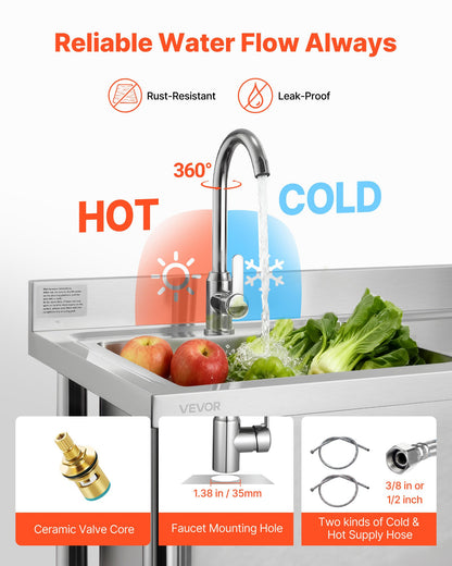 Stainless Steel Utility Sink, Free Standing Single Bowl Commercial Kitchen Sink with Faucet and Hot & Cold Water Pipe, Dual Storage Shelves for Garage, Restaurant, Laundry, 47.2 x 19.7 x 37 in