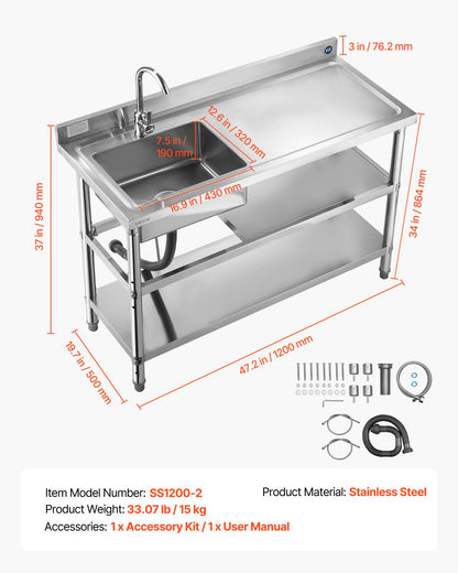Stainless Steel Utility Sink, Free Standing Single Bowl Commercial Kitchen Sink with Faucet and Hot & Cold Water Pipe, Dual Storage Shelves for Garage, Restaurant, Laundry, 47.2 x 19.7 x 37 in