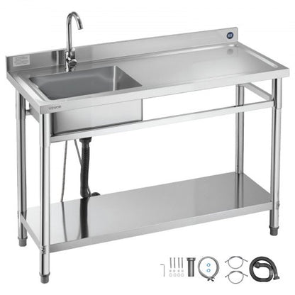 Stainless Steel Utility Sink, Free Standing Single Bowl Commercial Kitchen Sink with Faucet, Utility Right Basin Workbench with Hot & Cold Water Pipe for Garage Restaurant Laundry, 47x19.7x37 in