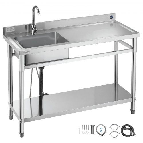 Stainless Steel Utility Sink, Free Standing Single Bowl Commercial Kitchen Sink with Faucet, Utility Right Basin Workbench with Hot & Cold Water Pipe for Garage Restaurant Laundry, 47x19.7x37 in