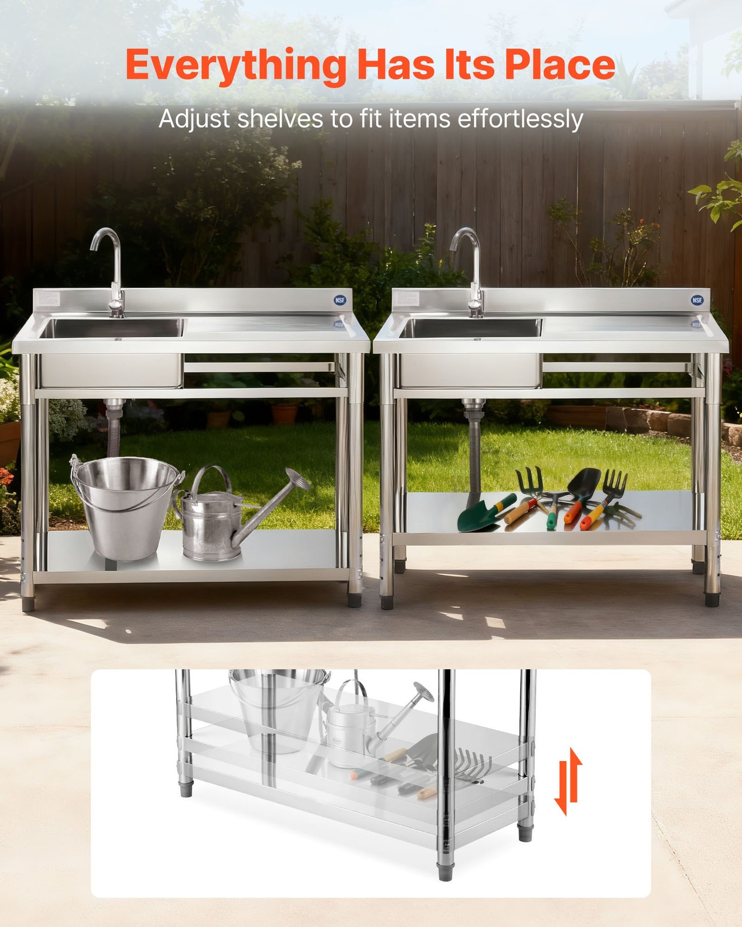 Stainless Steel Utility Sink, Free Standing Single Bowl Commercial Kitchen Sink with Faucet, Utility Right Basin Workbench with Hot & Cold Water Pipe for Garage Restaurant Laundry, 47x19.7x37 in
