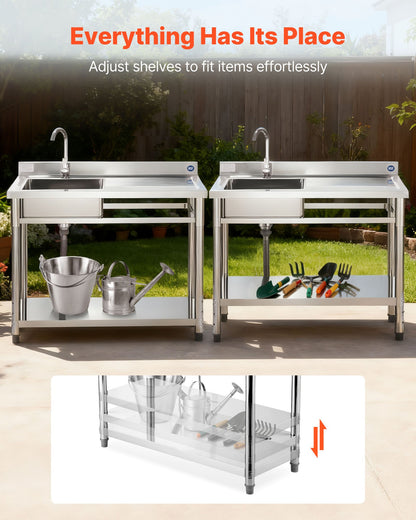 Stainless Steel Utility Sink, Free Standing Single Bowl Commercial Kitchen Sink with Faucet, Utility Right Basin Workbench with Hot & Cold Water Pipe for Garage Restaurant Laundry, 47x19.7x37 in