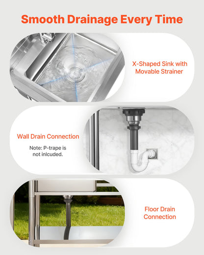 Stainless Steel Utility Sink, Free Standing Single Bowl Commercial Kitchen Sink with Faucet, Utility Right Basin Workbench with Hot & Cold Water Pipe for Garage Restaurant Laundry, 47x19.7x37 in
