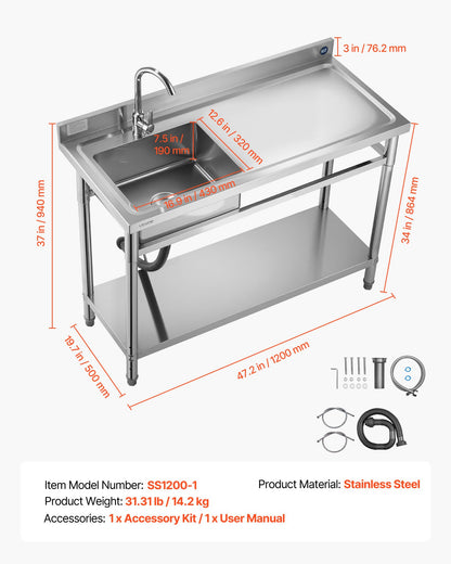 Stainless Steel Utility Sink, Free Standing Single Bowl Commercial Kitchen Sink with Faucet, Utility Right Basin Workbench with Hot & Cold Water Pipe for Garage Restaurant Laundry, 47x19.7x37 in