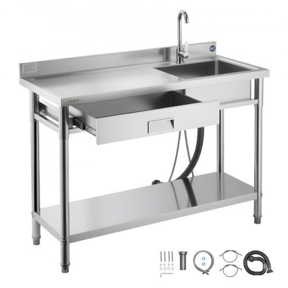 Stainless Steel Utility Sink, Rolling Single Bowl Commercial Kitchen Sink with Drawer, Faucet and Hot & Cold Water Pipe, Utility Basin for Garage, Restaurant, Laundry, 47.2 x 19.7 x 37 in