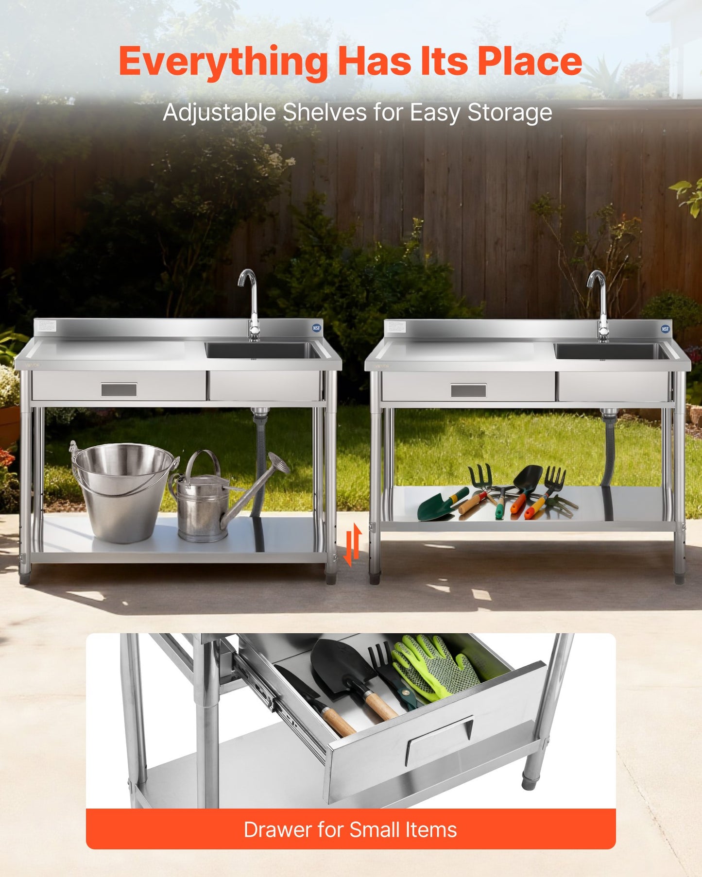 Stainless Steel Utility Sink, Rolling Single Bowl Commercial Kitchen Sink with Drawer, Faucet and Hot & Cold Water Pipe, Utility Basin for Garage, Restaurant, Laundry, 47.2 x 19.7 x 37 in
