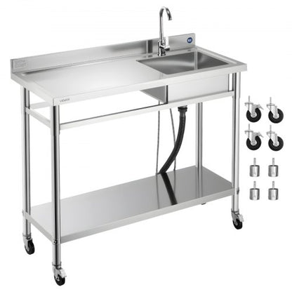 Stainless Steel Utility Sink, Rolling Single Bowl Commercial Kitchen Sink with Wheels, Faucet and Hot & Cold Water Pipe, Utility Basin Workbench for Garage Restaurant Laundry 47.2 x 19.7 x 41.5 in