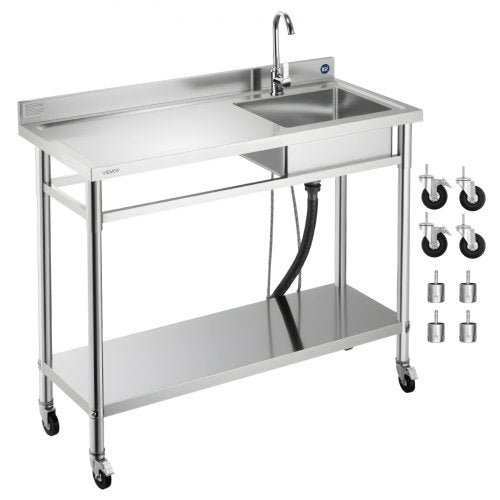 Stainless Steel Utility Sink, Rolling Single Bowl Commercial Kitchen Sink with Wheels, Faucet and Hot & Cold Water Pipe, Utility Basin Workbench for Garage Restaurant Laundry 47.2 x 19.7 x 41.5 in