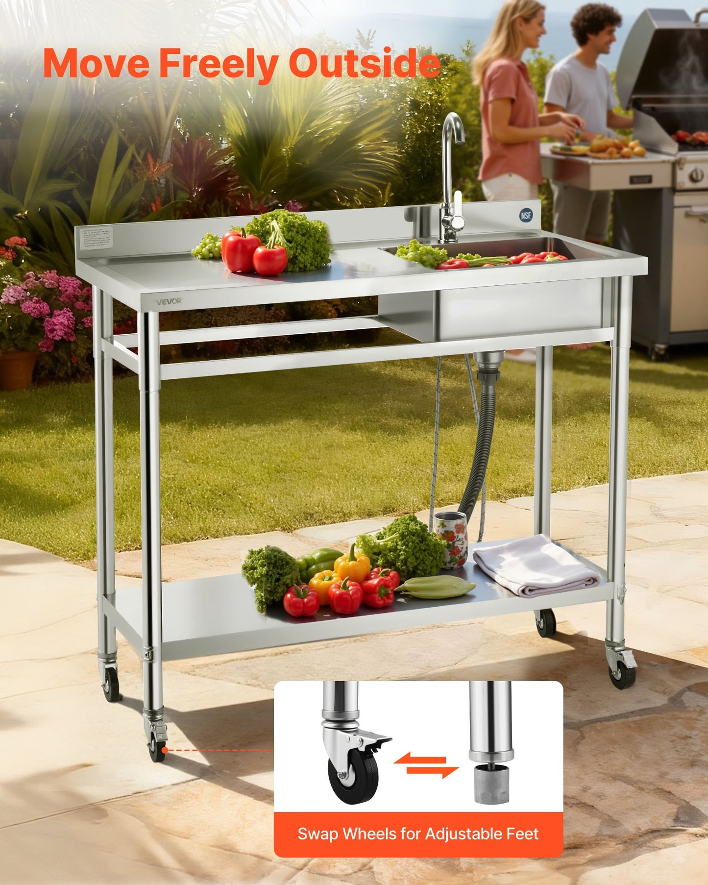 Stainless Steel Utility Sink, Rolling Single Bowl Commercial Kitchen Sink with Wheels, Faucet and Hot & Cold Water Pipe, Utility Basin Workbench for Garage Restaurant Laundry 47.2 x 19.7 x 41.5 in