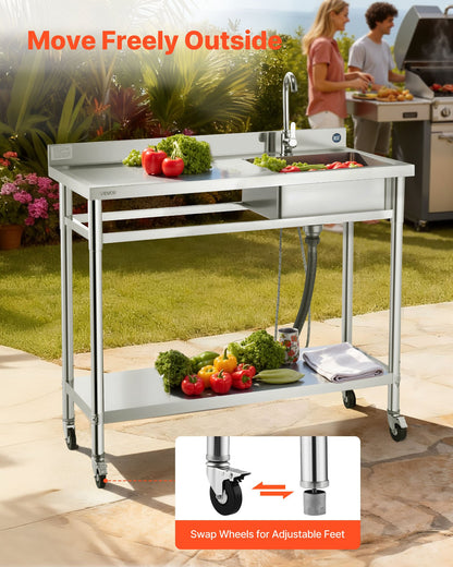 Stainless Steel Utility Sink, Rolling Single Bowl Commercial Kitchen Sink with Wheels, Faucet and Hot & Cold Water Pipe, Utility Basin Workbench for Garage Restaurant Laundry 47.2 x 19.7 x 41.5 in