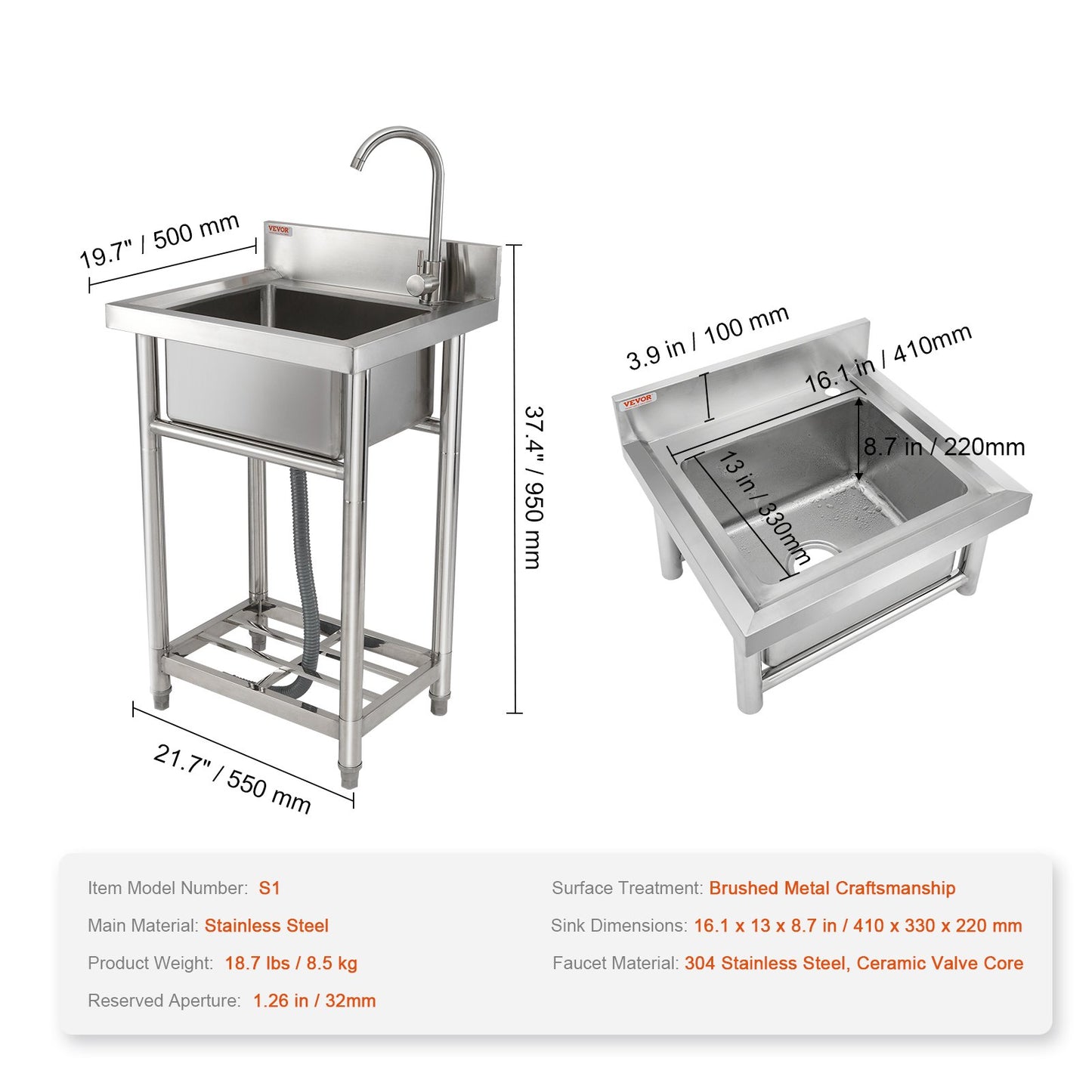 Stainless Steel Utility Sink, 1 Compartment Free Standing Small Sink Include Faucet & legs, 16 x 13 x 8.7 in Commercial Single Bowl Sinks for Garage, Restaurant, Kitchen, Laundry