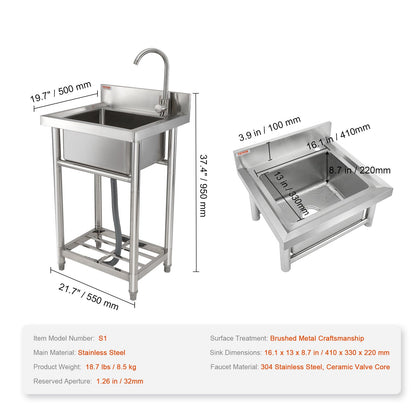 Stainless Steel Utility Sink, 1 Compartment Free Standing Small Sink Include Faucet & legs, 16 x 13 x 8.7 in Commercial Single Bowl Sinks for Garage, Restaurant, Kitchen, Laundry