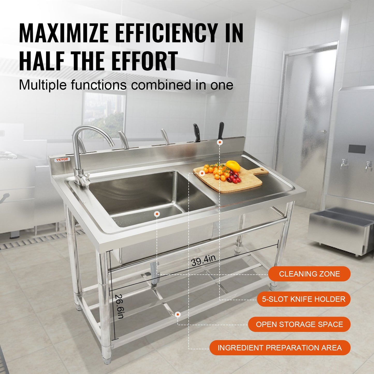 Edelstahlspüle, 1 Becken, freistehende kleine Spüle mit Aufsatzhahn und Beinen, 39,4 x 19,1 x 37,4 Zoll, gewerbliche Spülen für Garage, Restaurant, Wäscherei, NSF-zertifiziert